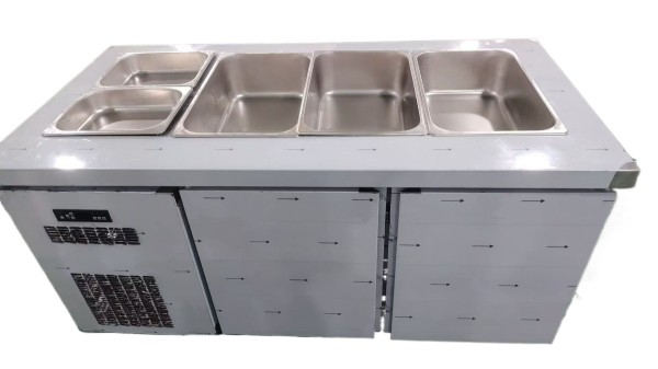 2-door salad prep fridge with pans