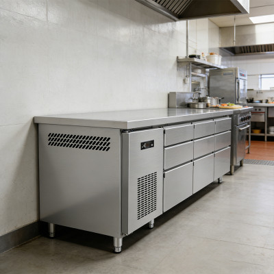 Steel worktable refrigerator with 9 drawers