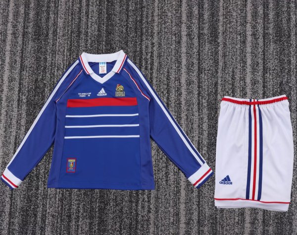 1998 France Home Long sleeves Retro Kids Soccer Jersey