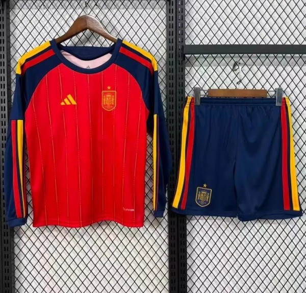 2026 World Cup Spain Home Long Sleeve Kids Soccer Jersey (长袖)