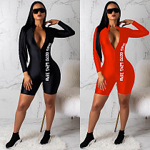 Letter Printed Zipper Long Sleeve Short Jumpsuits CHY-1085