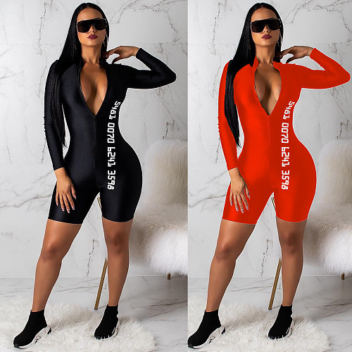 Letter Printed Zipper Long Sleeve Short Jumpsuits CHY-1085