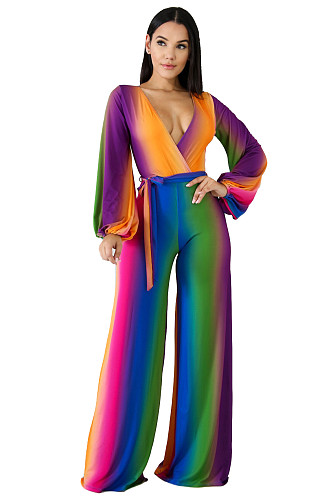 Fashion Gradient Color Deep V Wide Legs Jumpsuit MDF-5104