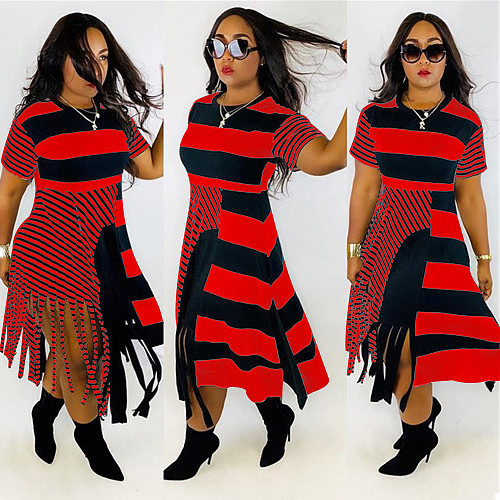 Fashion Women Stripes Round Neck Tassel Maxi Dress MDF-5080