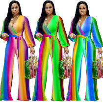 Fashion Gradient Color Deep V Wide Legs Jumpsuit MDF-5104