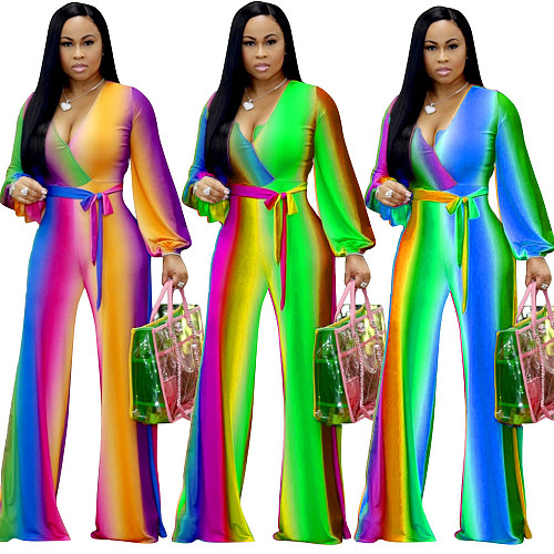 Fashion Gradient Color Deep V Wide Legs Jumpsuit MDF-5104