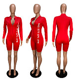 Letter Printed Zipper Long Sleeve Short Jumpsuits CHY-1085
