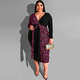 Sexy Deep V Leopard Print Patchwork Plus Size Maxi Dress OSS-19452