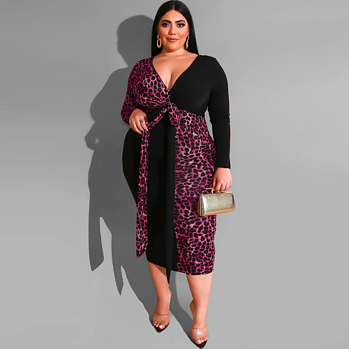 Sexy Deep V Leopard Print Patchwork Plus Size Maxi Dress OSS-19452