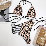 Leopard Hollow Out Lace Up Halter Bikini XM-52