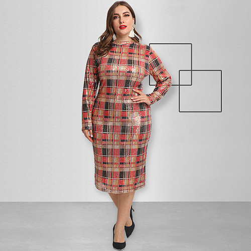 Fashion Women Long Sleeve Round Neck Skinny Plus Size Midi Sequin Dress OSS-19523