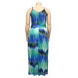 Plus Size Women Tie-dye Straps Maxi Dress with Belt OSS-19389