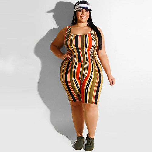 Plus Size Stripes Printed Vest and Skinny Shorts 2 Pieces Set OSS-19347