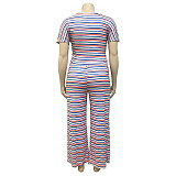 Casual Stripes Crop Top with Straight-legs Pants Plus Size 2 Pieces Set OSS-19345