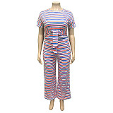 Casual Stripes Crop Top with Straight-legs Pants Plus Size 2 Pieces Set OSS-19345