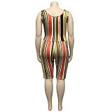 Plus Size Stripes Printed Vest and Skinny Shorts 2 Pieces Set OSS-19347
