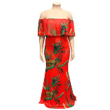 Sexy Off Shoulder Ruffles Printing Floor-length Plus Size Dress OSS-19377