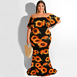 Sexy Off Shoulder Ruffles Printing Floor-length Plus Size Dress OSS-19377