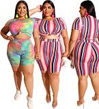 Plus Size Women Printed Round Neck Tight Shorts Suits 2 Pcs OSS-19328