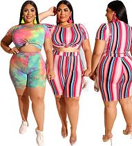 Plus Size Women Printed Round Neck Tight Shorts Suits 2 Pcs OSS-19328