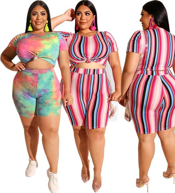Plus Size Women Printed Round Neck Tight Shorts Suits 2 Pcs OSS-19328
