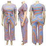 Casual Stripes Crop Top with Straight-legs Pants Plus Size 2 Pieces Set OSS-19345