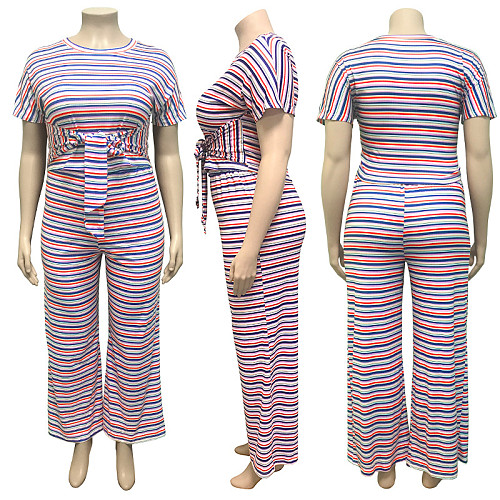 Casual Stripes Crop Top with Straight-legs Pants Plus Size 2 Pieces Set OSS-19345