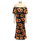 Sexy Off Shoulder Ruffles Printing Floor-length Plus Size Dress OSS-19377