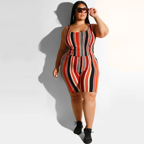 Plus Size Stripes Printed Vest and Skinny Shorts 2 Pieces Set OSS-19347