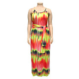 Plus Size Women Tie-dye Straps Maxi Dress with Belt OSS-19389