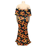 Sexy Off Shoulder Ruffles Printing Floor-length Plus Size Dress OSS-19377