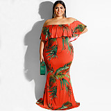 Sexy Off Shoulder Ruffles Printing Floor-length Plus Size Dress OSS-19377