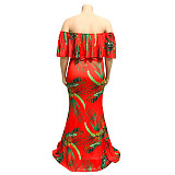 Sexy Off Shoulder Ruffles Printing Floor-length Plus Size Dress OSS-19377