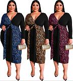 Sexy Deep V Leopard Print Patchwork Plus Size Maxi Dress OSS-19452