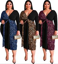 Sexy Deep V Leopard Print Patchwork Plus Size Maxi Dress OSS-19452