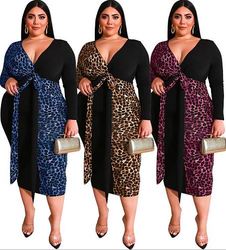 Sexy Deep V Leopard Print Patchwork Plus Size Maxi Dress OSS-19452