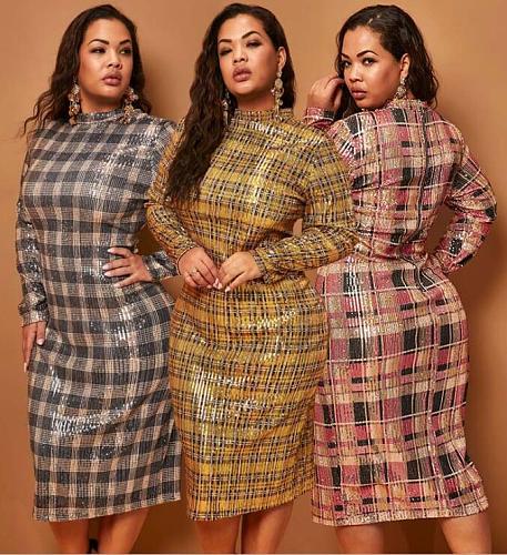 Fashion Women Long Sleeve Round Neck Skinny Plus Size Midi Sequin Dress OSS-19523