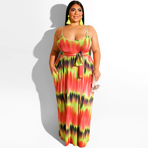Plus Size Women Tie-dye Straps Maxi Dress with Belt OSS-19389