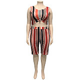 Plus Size Stripes Printed Vest and Skinny Shorts 2 Pieces Set OSS-19347