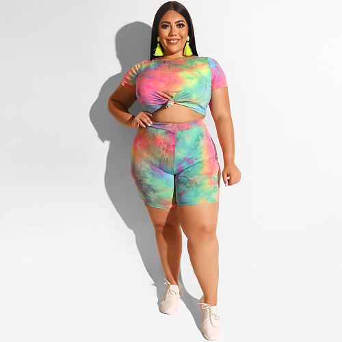Plus Size Women Printed Round Neck Tight Shorts Suits 2 Pcs OSS-19328