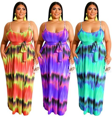 Plus Size Women Tie-dye Straps Maxi Dress with Belt OSS-19389