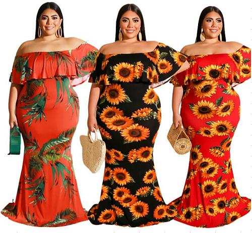 Sexy Off Shoulder Ruffles Printing Floor-length Plus Size Dress OSS-19377