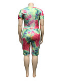 Plus Size Women Printed Round Neck Tight Shorts Suits 2 Pcs OSS-19328