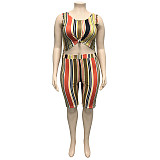 Plus Size Stripes Printed Vest and Skinny Shorts 2 Pieces Set OSS-19347
