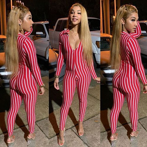 Striped Deep V Sexy Long Sleeve Jumpsuits LUO-3051