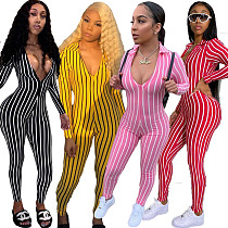 Striped Deep V Sexy Long Sleeve Jumpsuits LUO-3051