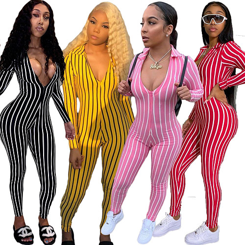Striped Deep V Sexy Long Sleeve Jumpsuits LUO-3051