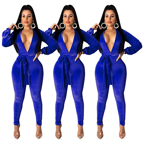 Sexy Deep V Velvet Skinny Jumpsuit (with Belt) SHD-9192