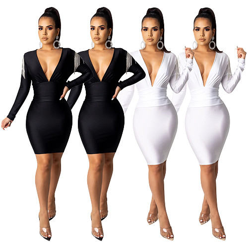 Sexy Deep V Tassel Wrap Hips Nightclub Mini Dress SHD-9196