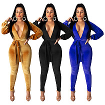 Sexy Deep V Velvet Skinny Jumpsuit (with Belt) SHD-9192